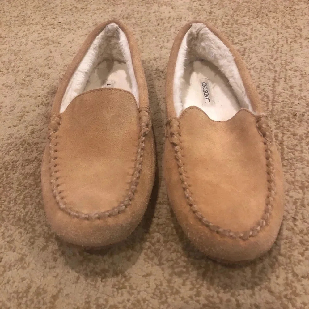 Lands end bedroom slippers/tan fur lined -sz 10